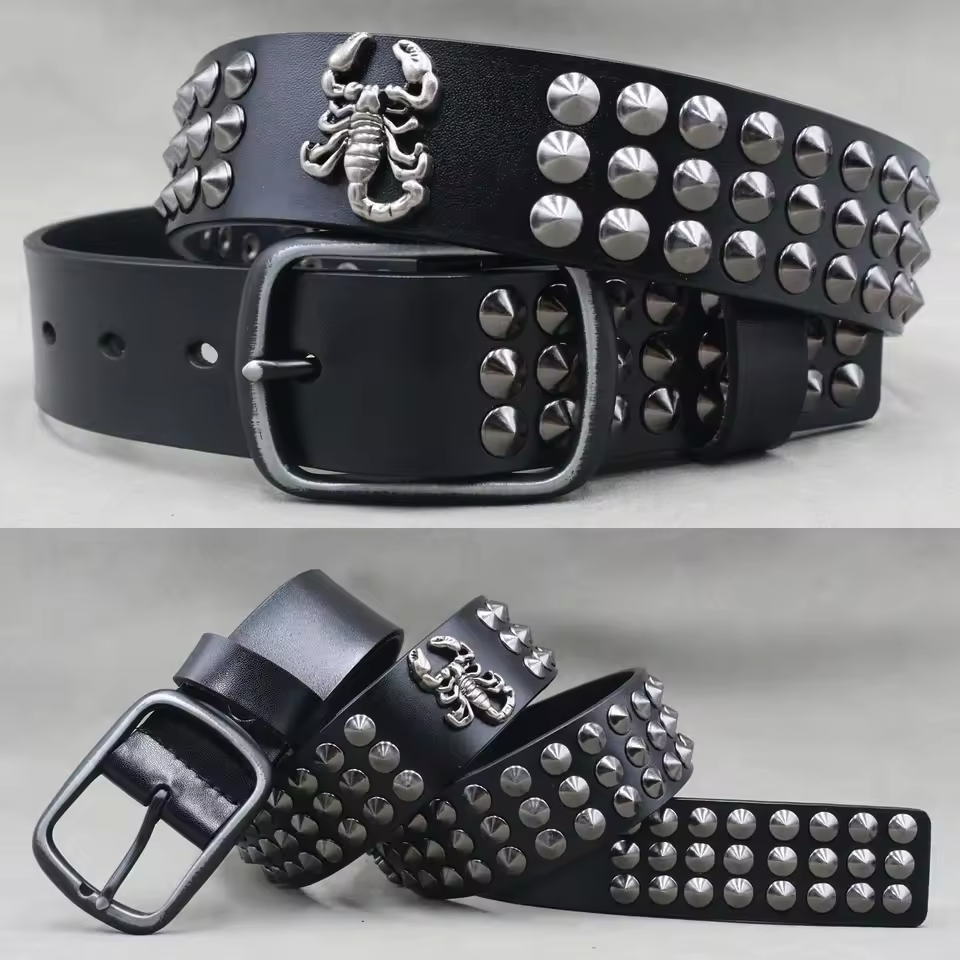 Genuine Leather Rivet Belt for Men – Punk Skull & Animal Stud Belt, 3.8cm