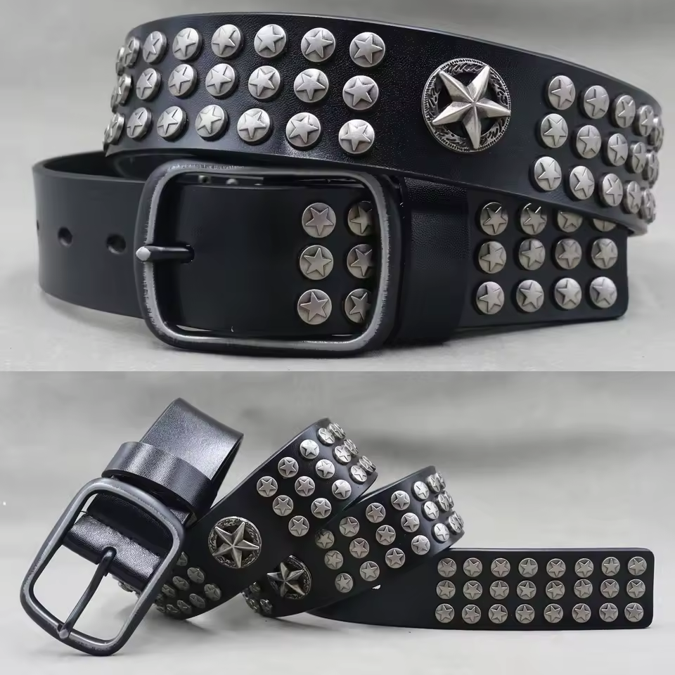 Genuine Leather Rivet Belt for Men – Punk Skull & Animal Stud Belt, 3.8cm