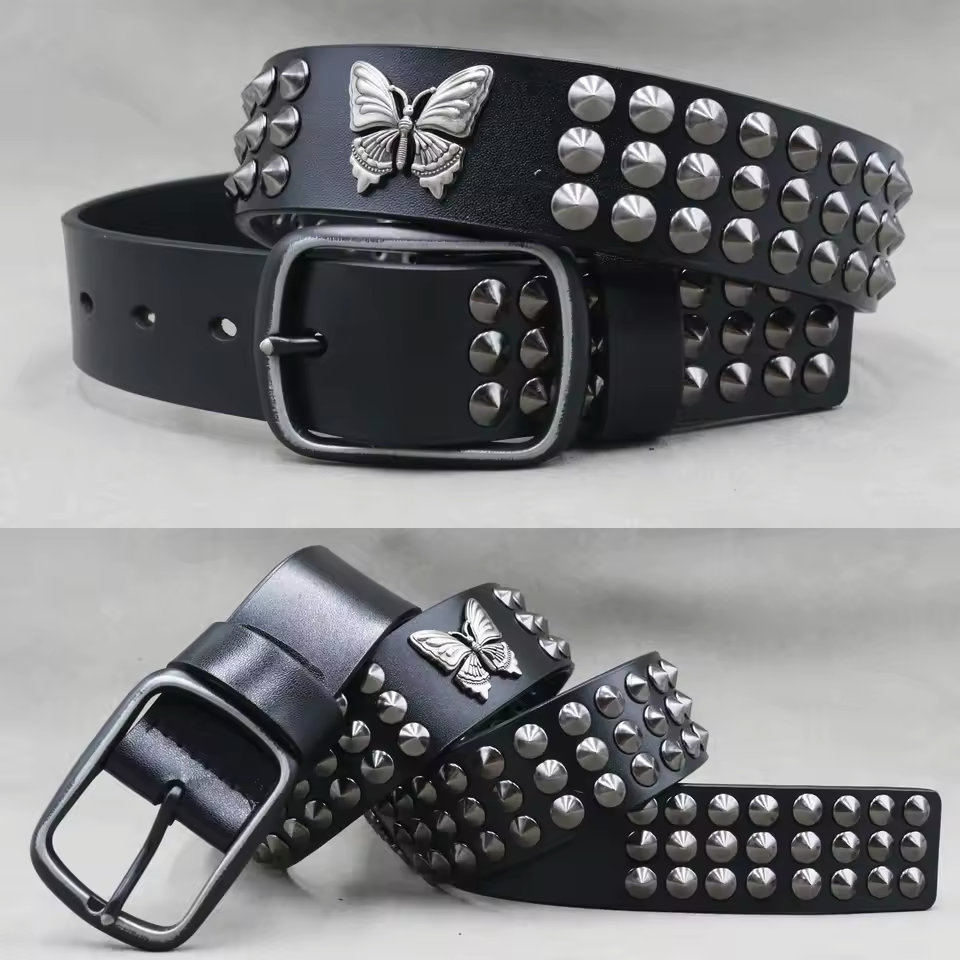 Genuine Leather Rivet Belt for Men – Punk Skull & Animal Stud Belt, 3.8cm