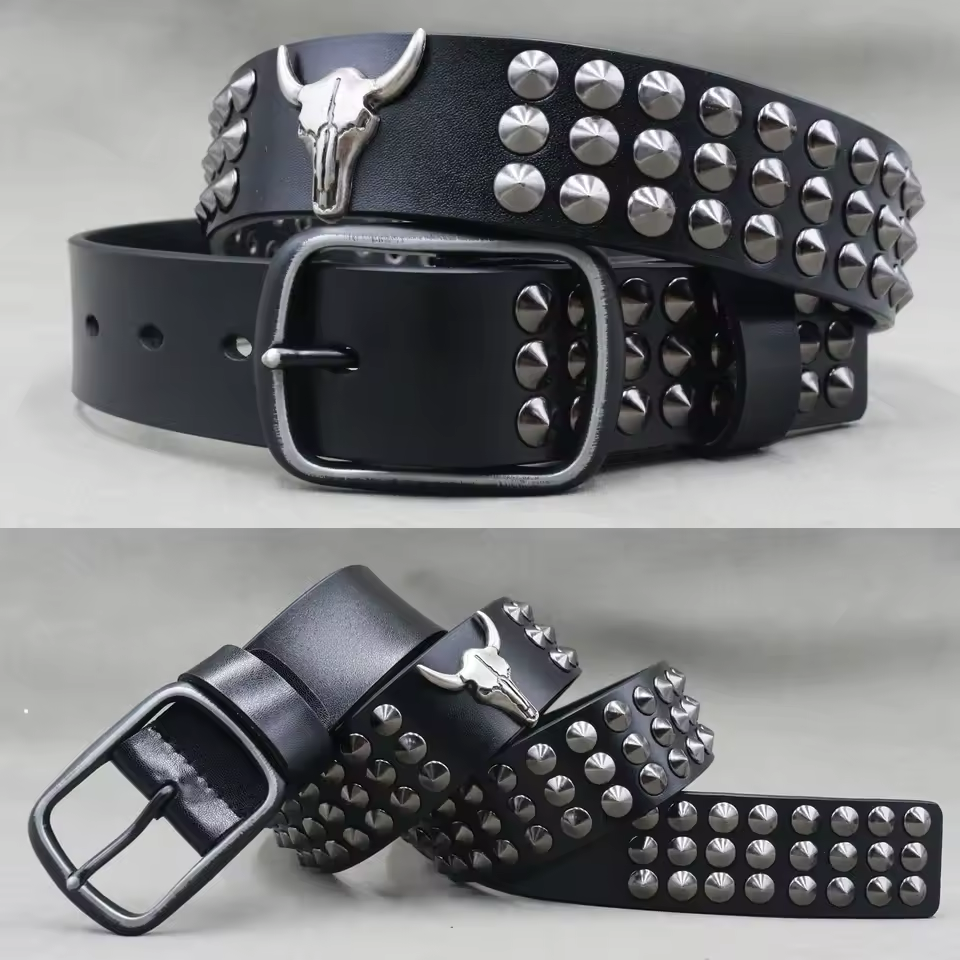 Genuine Leather Rivet Belt for Men – Punk Skull & Animal Stud Belt, 3.8cm