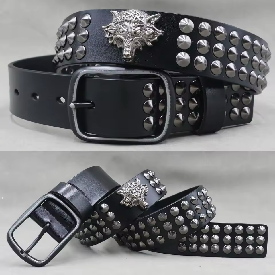 Genuine Leather Rivet Belt for Men – Punk Skull & Animal Stud Belt, 3.8cm