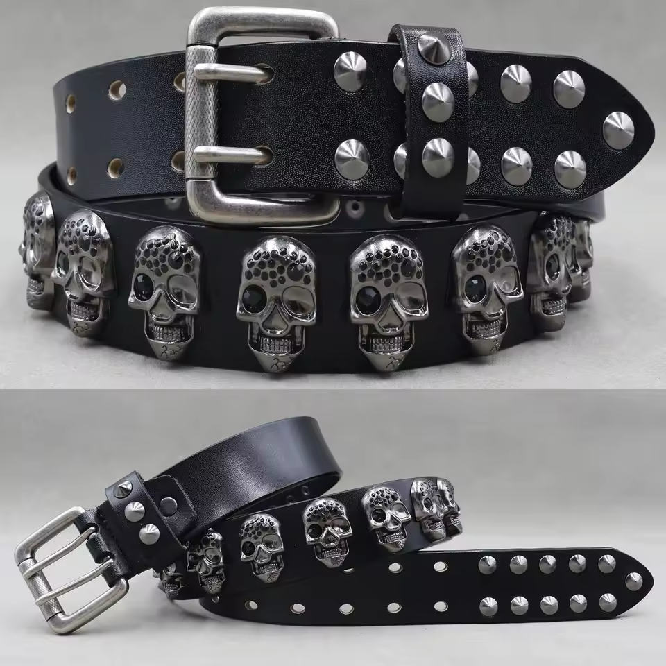 Genuine Leather Rivet Belt for Men – Punk Skull & Animal Stud Belt, 3.8cm