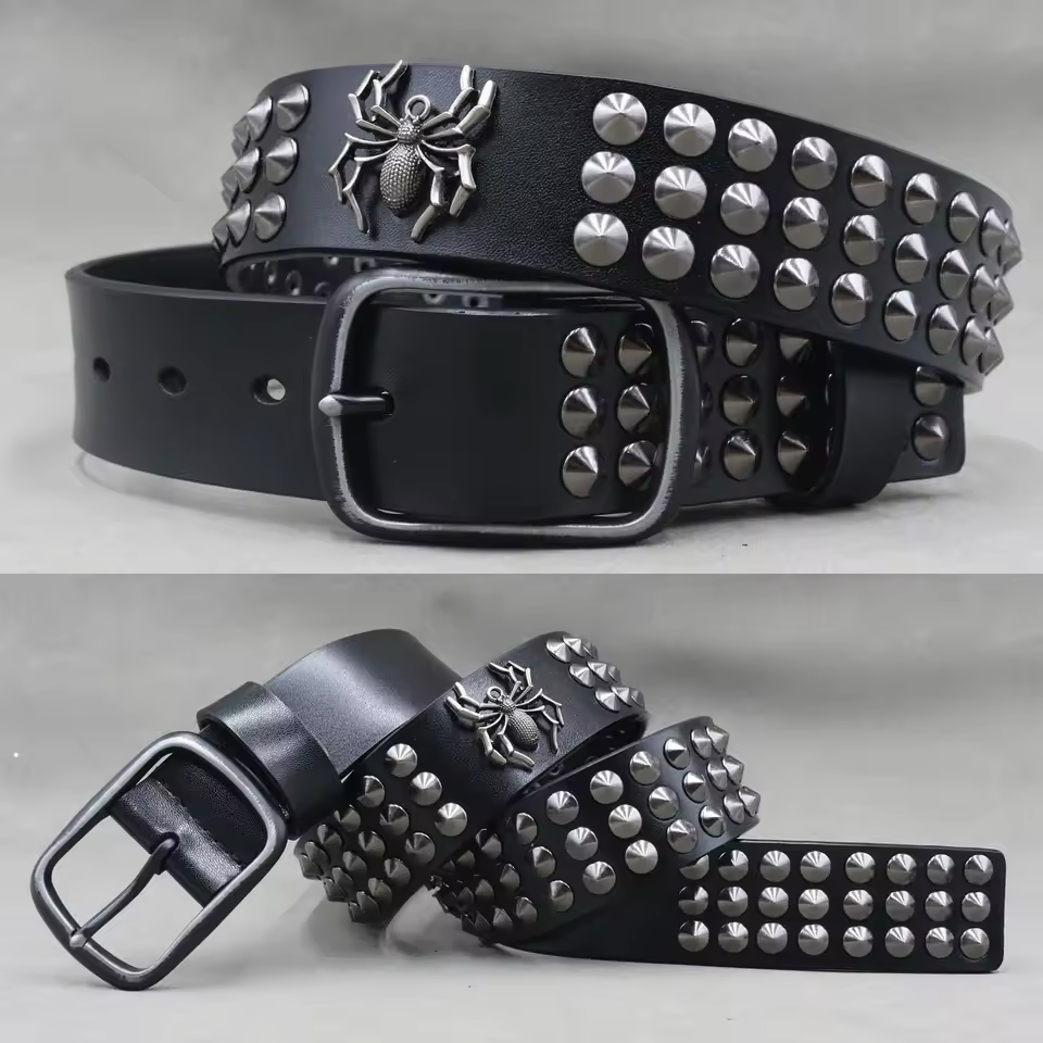 Genuine Leather Rivet Belt for Men – Punk Skull & Animal Stud Belt, 3.8cm