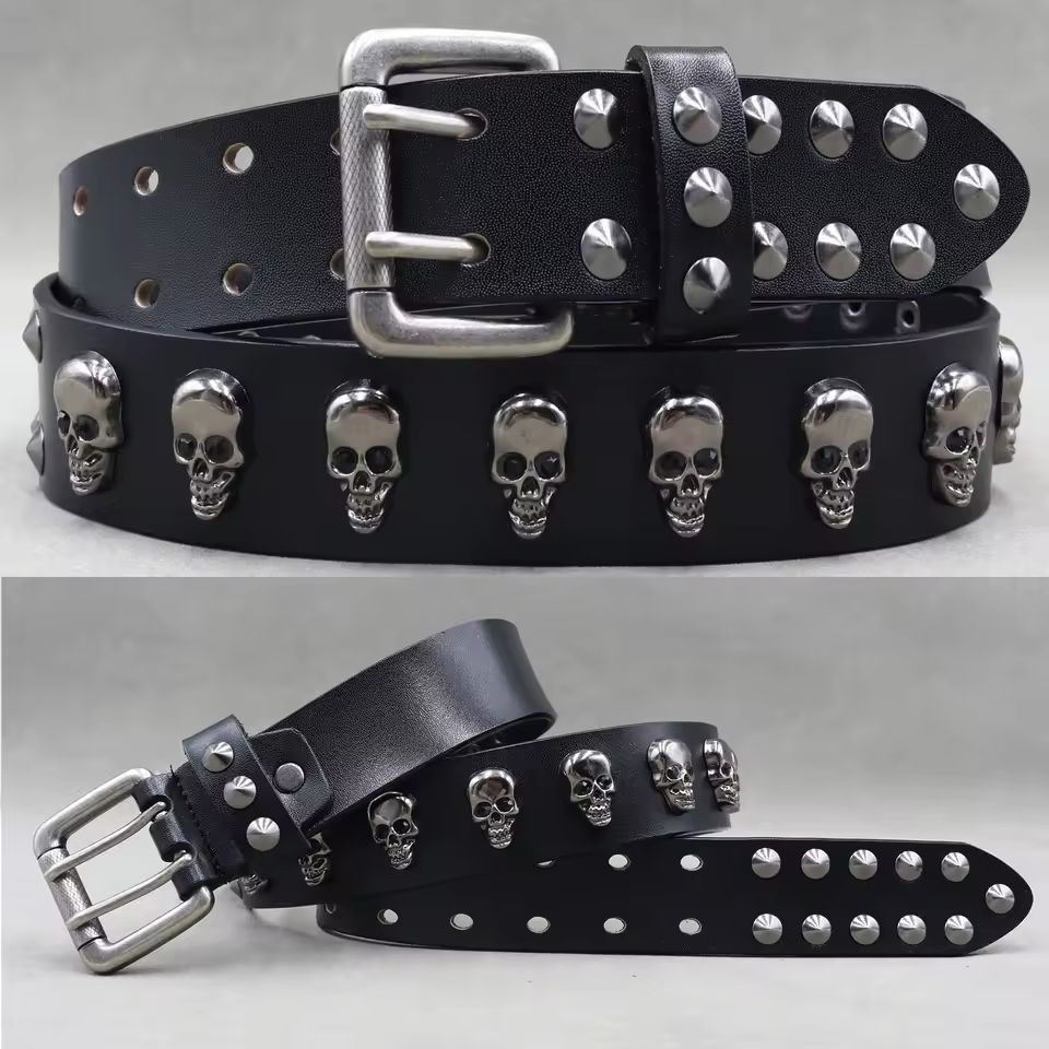 Genuine Leather Rivet Belt for Men – Punk Skull & Animal Stud Belt, 3.8cm
