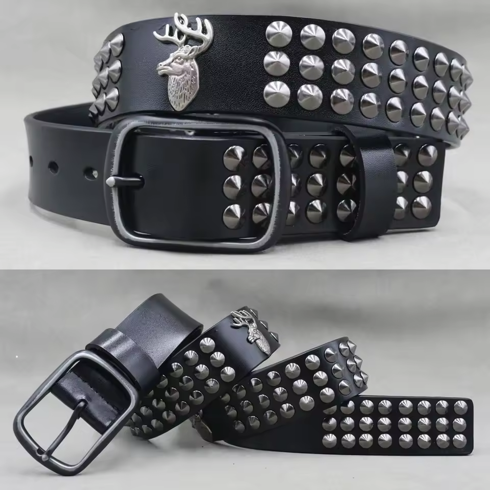 Genuine Leather Rivet Belt for Men – Punk Skull & Animal Stud Belt, 3.8cm